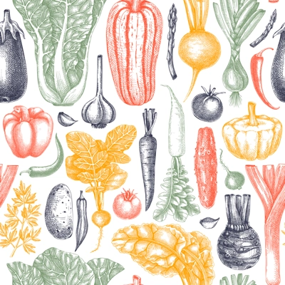 Hand-sketched vegetable seamless pattern. Vector background with healthy food elements in vintage style. Fresh vegetables backdrop for wrapping paper, banner, textile, menu design.